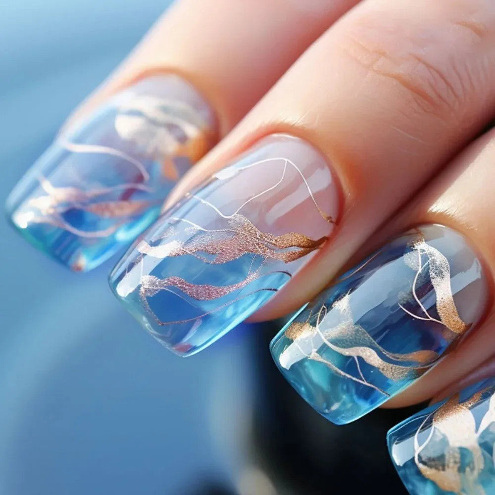 24-Piece Fake Nail Set for Women - Medium Long Square Style with Starry Gradient Colors