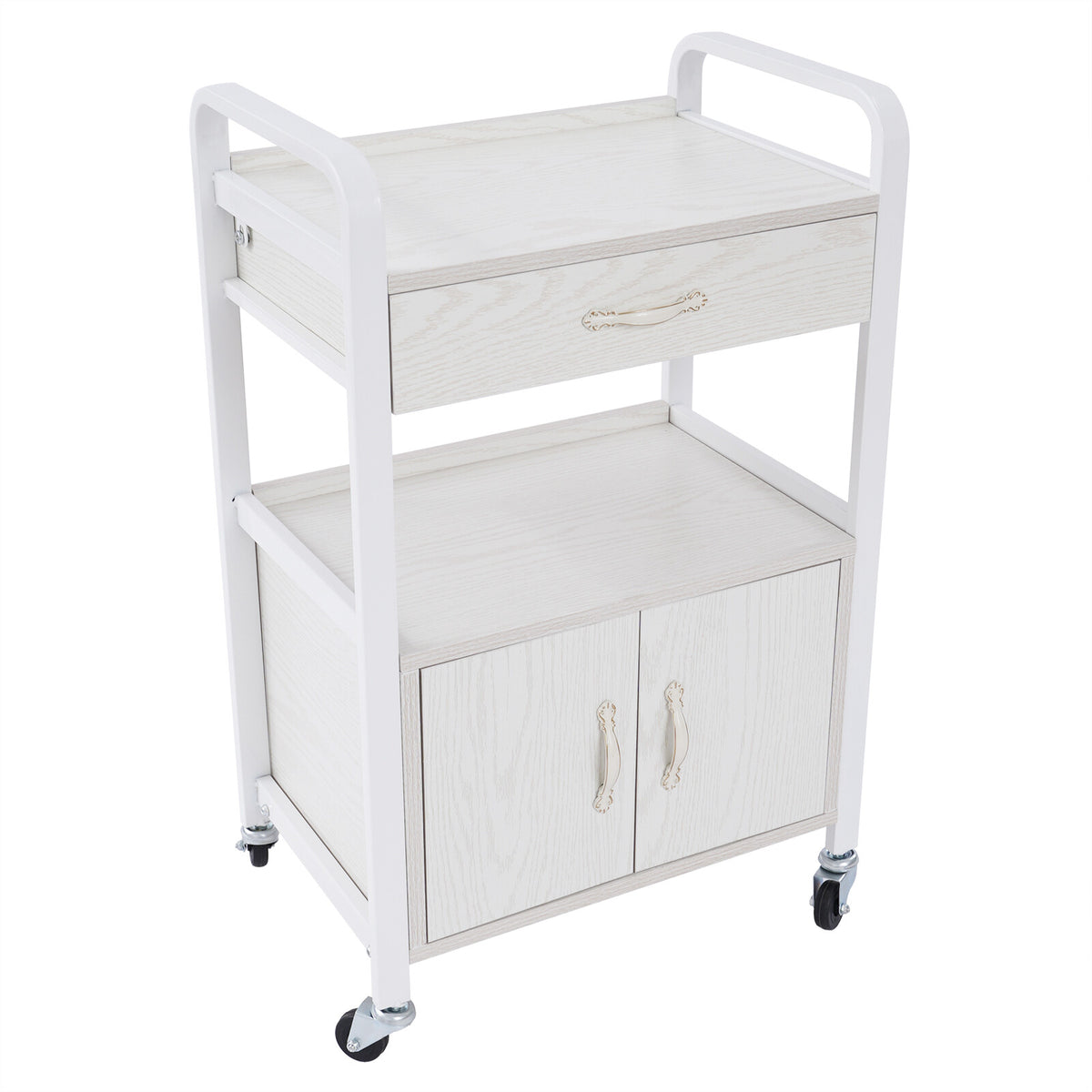 Movable Salon Storage Cart with Drawer and Shelves - White, Wheels