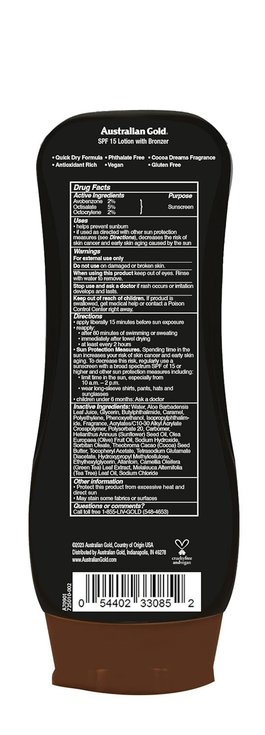Australian Gold SPF 15 Instant Bronzer Sunscreen Lotion Water Resistant 80 Min
