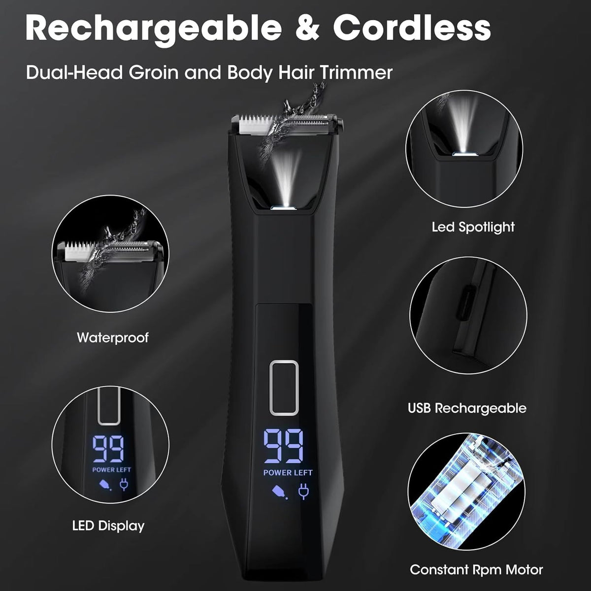 Men's 2-in-1 Body & Groin Hair Trimmer Waterproof Rechargeable Grooming Kit
