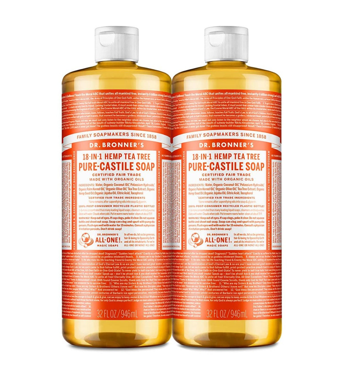 Hemp Castile Soap with Tea Tree - 2 Pack 32oz Natural Body Wash