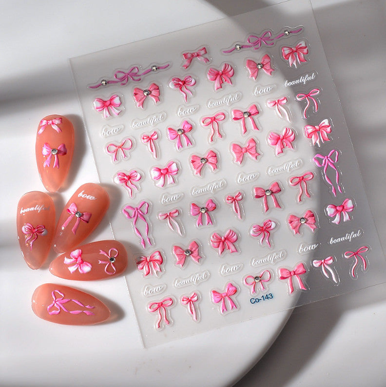 Pink Bowknot Nail Art Stickers - 1 Sheet Embossed Decor for Natural & Artificial Nails