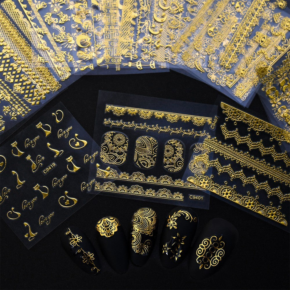 Gold Lace Moon and Star Nail Art Stickers - 10 Sheets for Elegant Nail Decoration