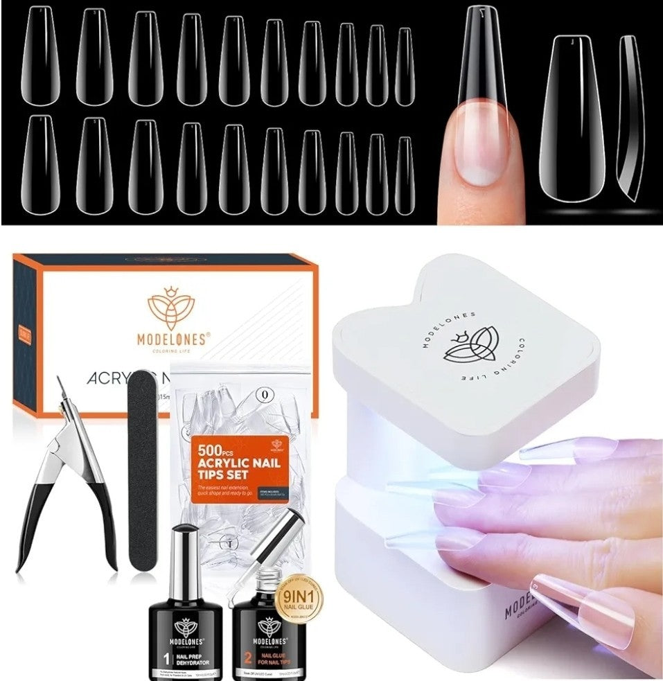 Gel Nail Kit with Long Coffin Tips & 9-in-1 Nail Glue - Home Salon DIY