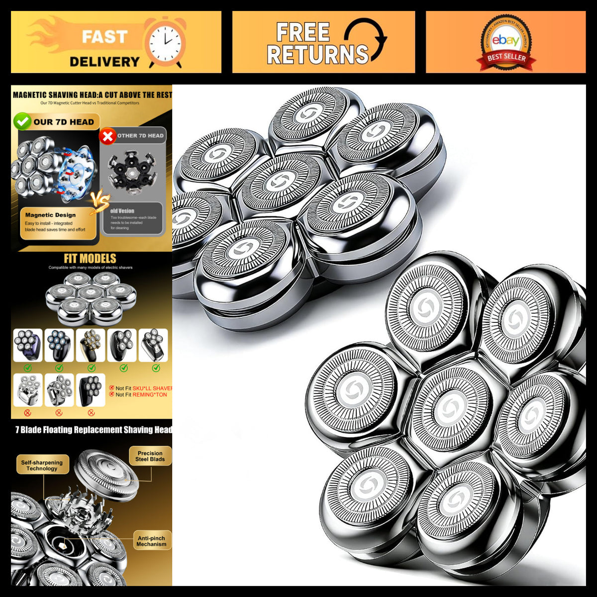 Magnetic Floating Replacement Heads for 7D Rotary Shavers - Precision Groom 2-Pack