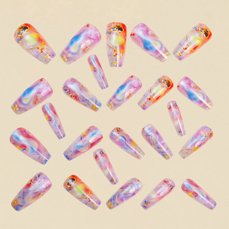 48 Pcs Iridescent Rhinestone Press-On Nails Long Coffin Nude Elegant Fake Nails