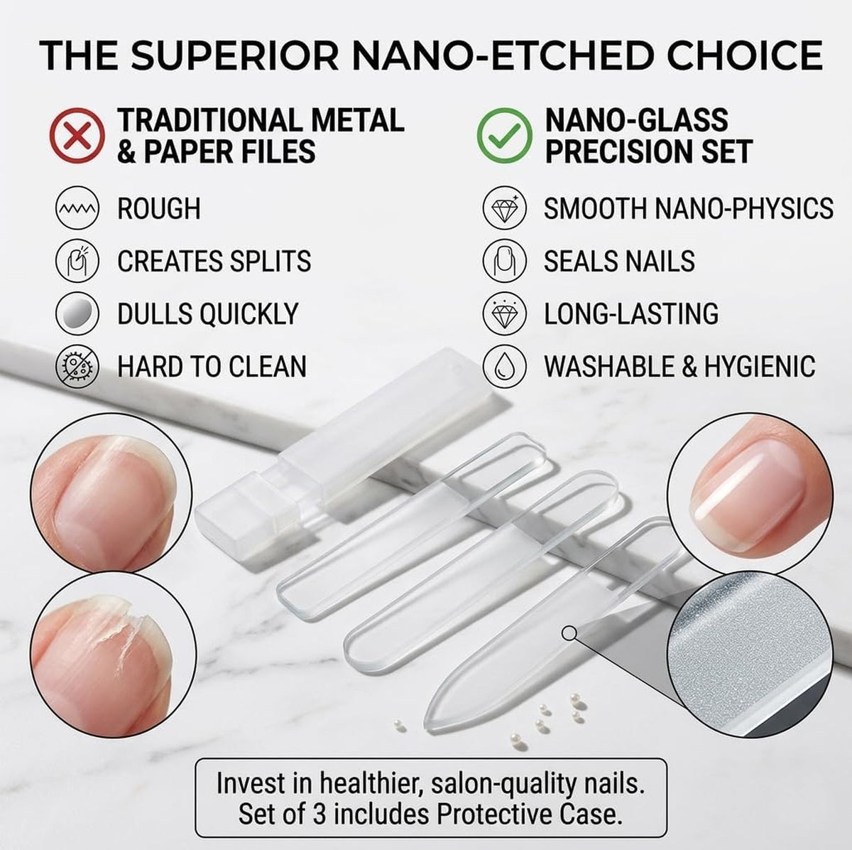 Nano Glass Nail File Set - 3 Shapes with Protective Cases - Manicure Tools