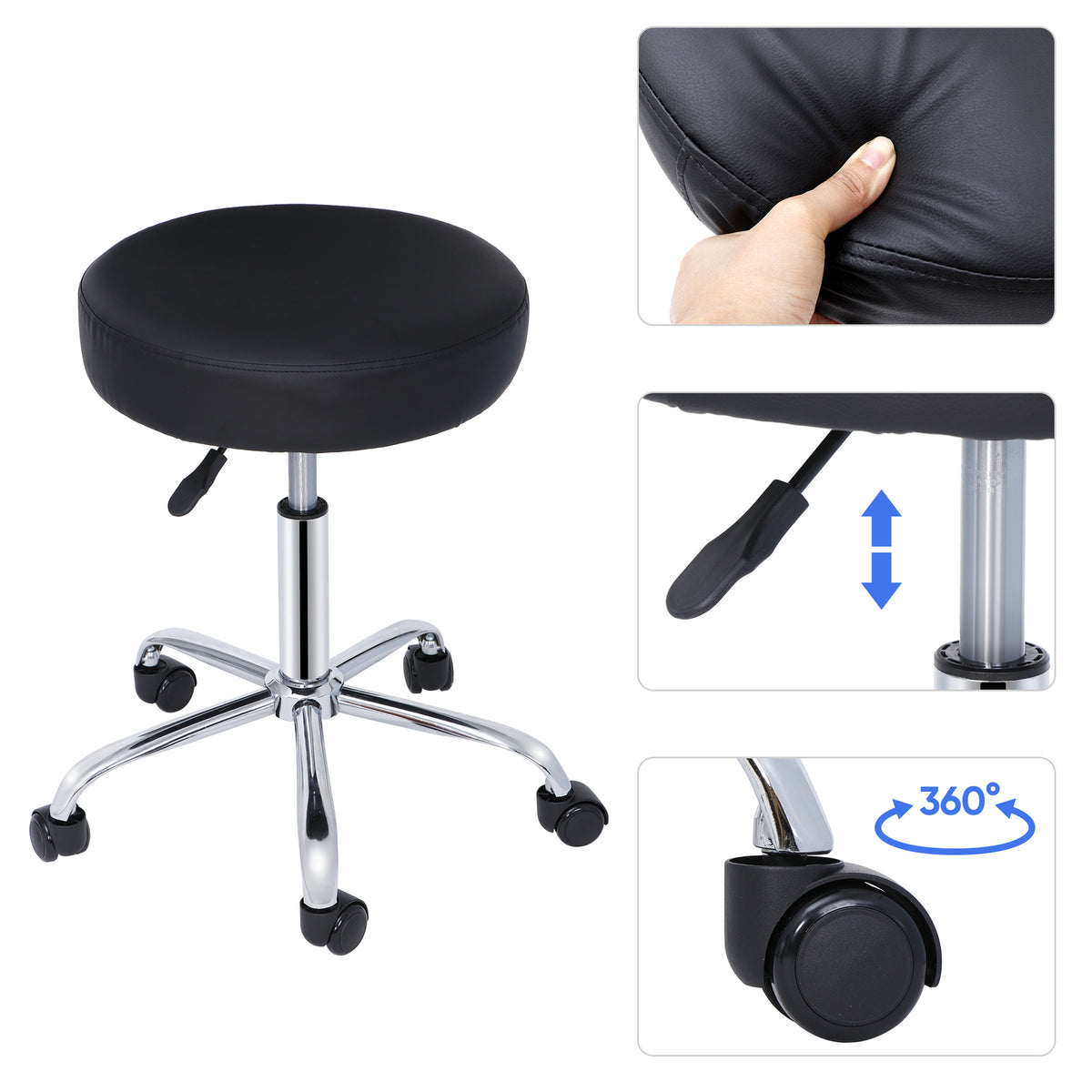 Adjustable Black PU Leather Salon Stool with Swivel & Gas Lift
