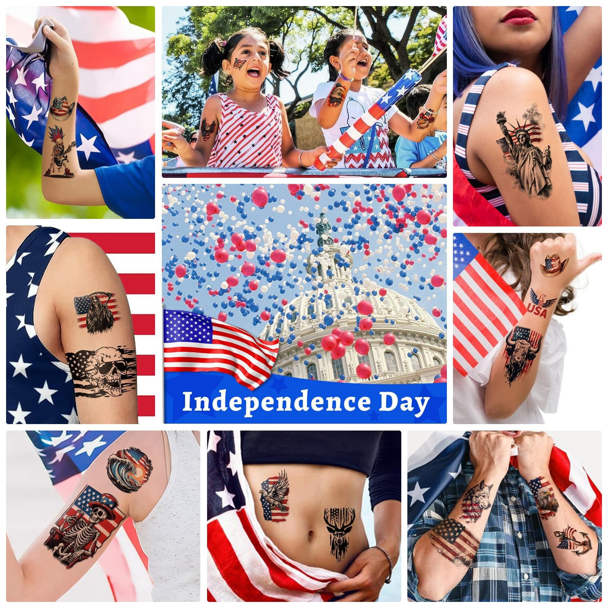 Patriotic Temporary Tattoos - 77 Sheets USA Flag & Fireworks Designs Waterproof