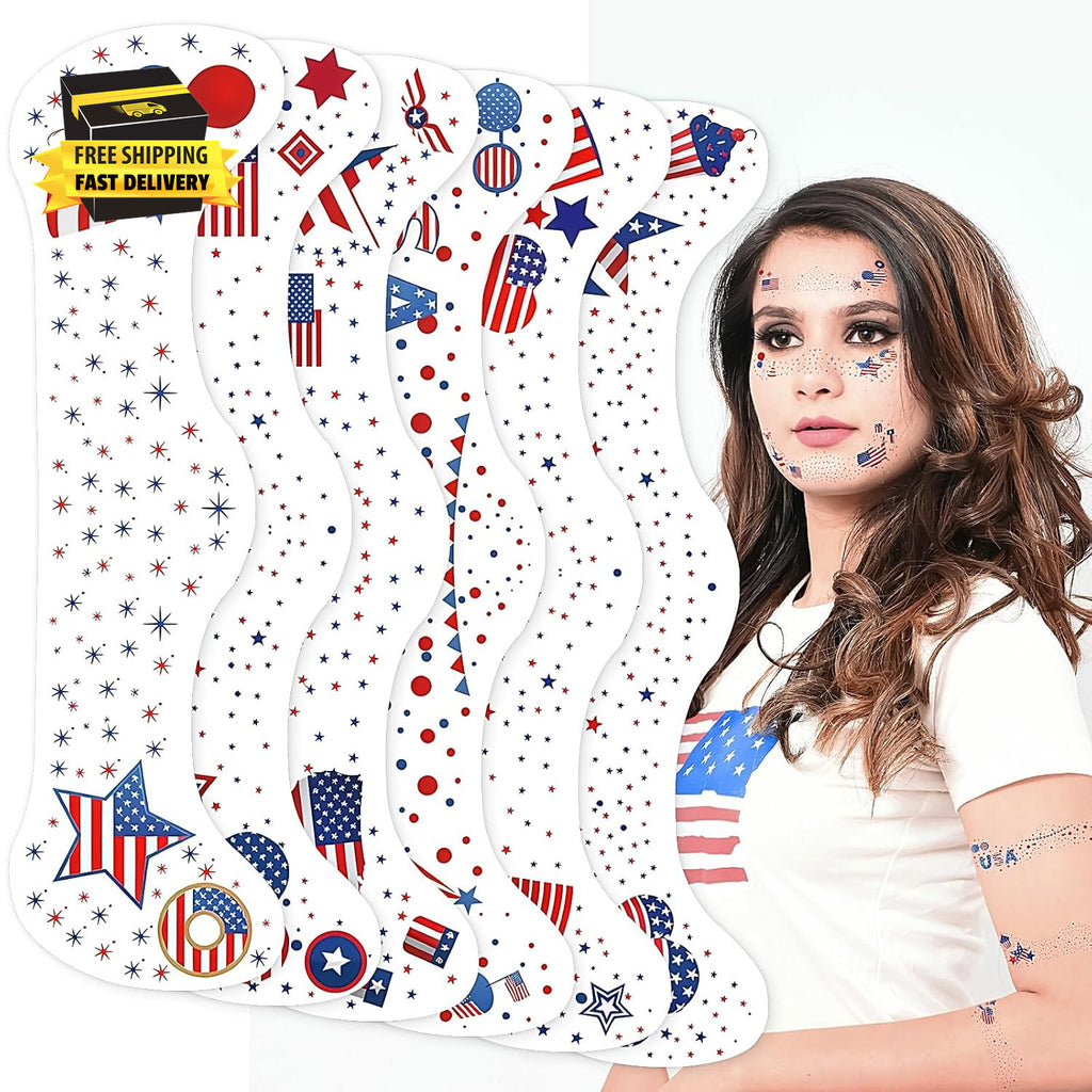 4th of July Glitter Freckles – 6 Pcs Patriotic Face Tattoo Stickers Red White Blue