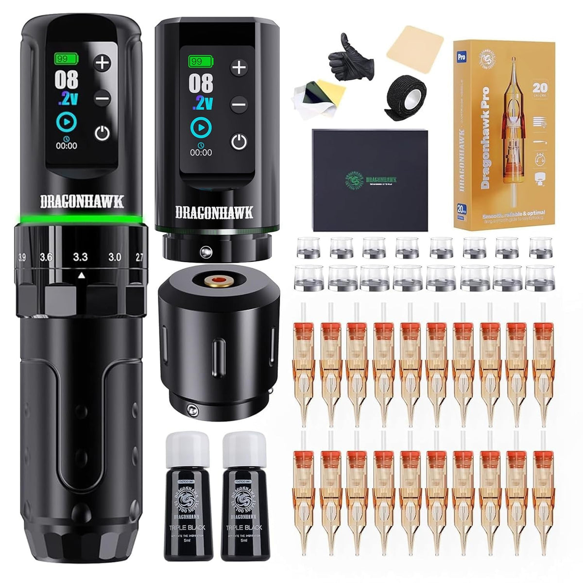 Wireless Tattoo Kit with Mcore-L3 Motor, Dual 2000mAh Batteries - Dragonhawk L3 TZ-256LY