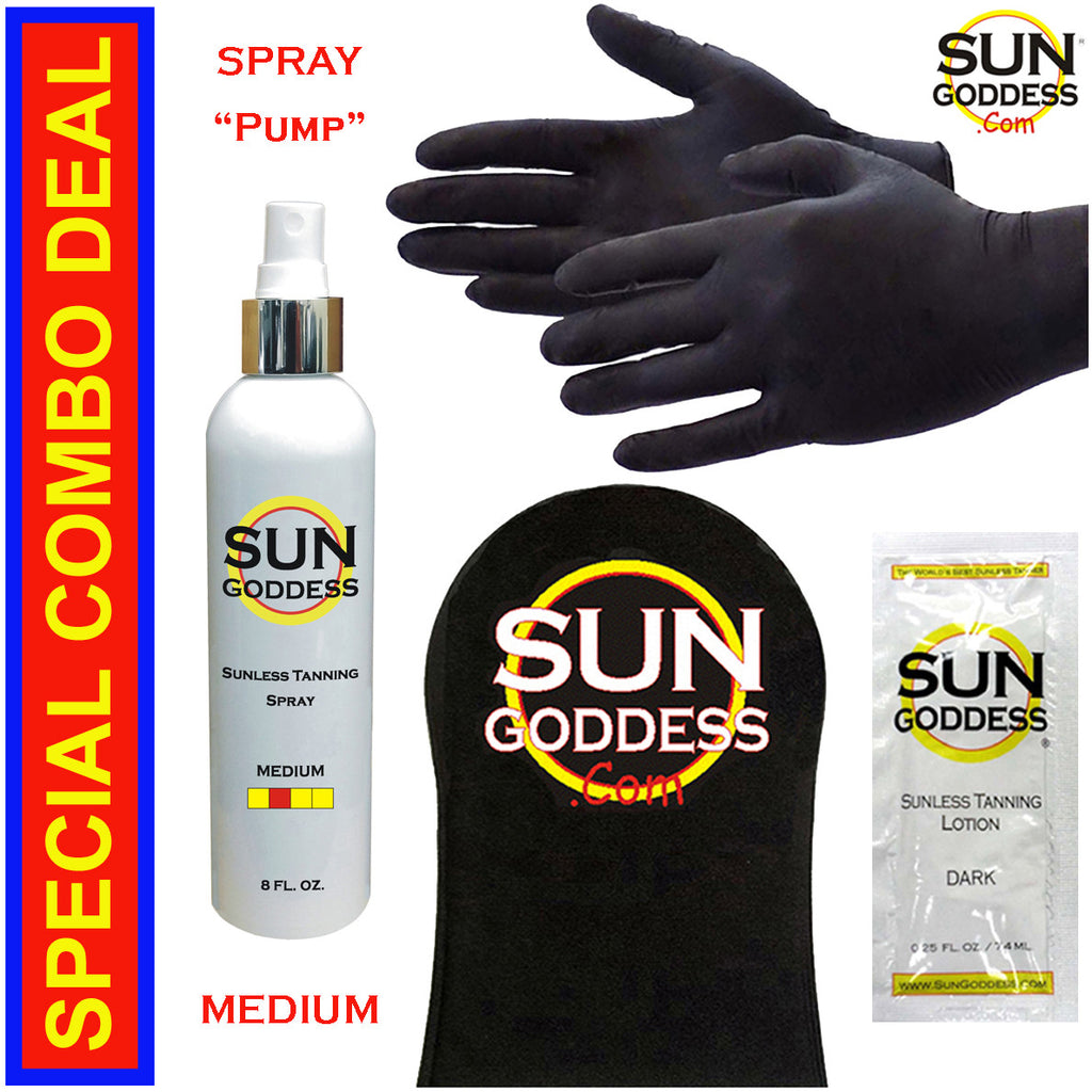 Self Tanner Spray Medium 8 oz with Applicator Mitt & Gloves - Sunless Tan