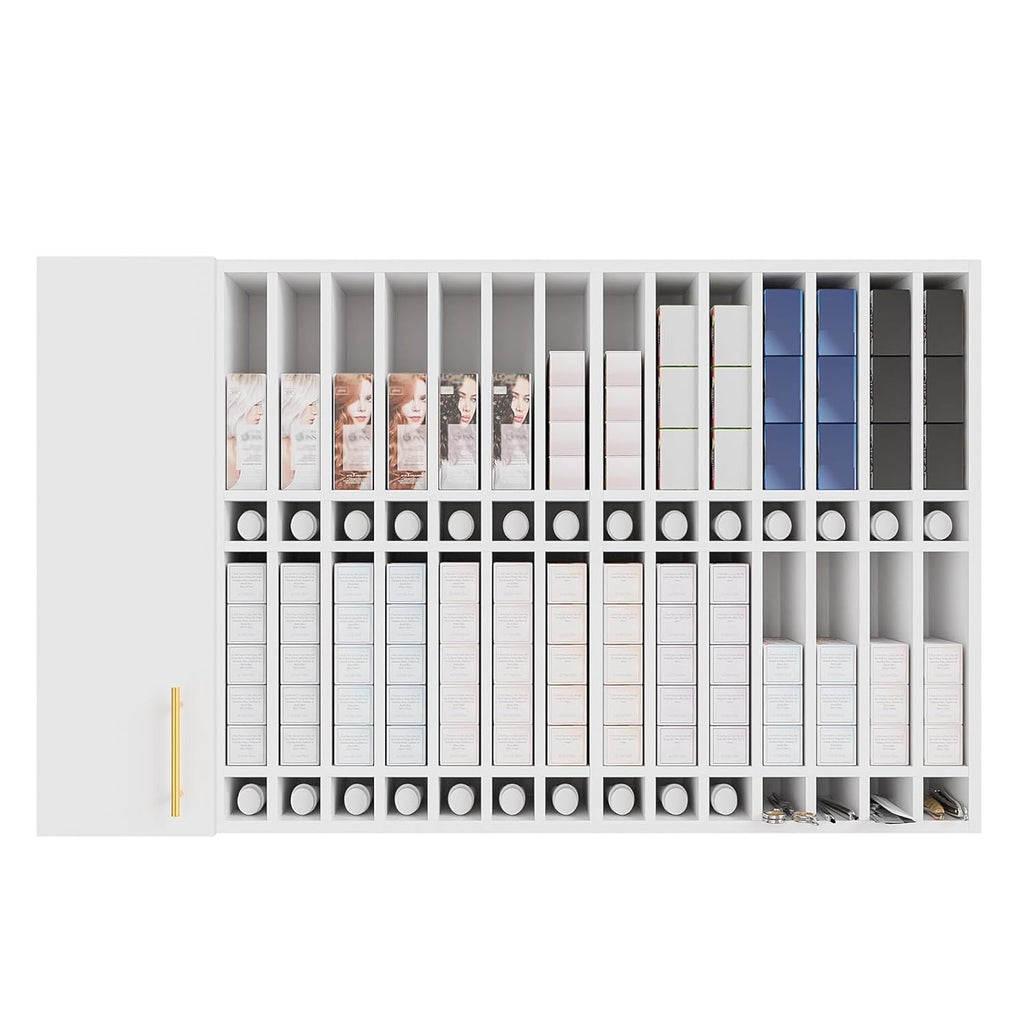 Wall-Mounted Hair Color Organizer with Adjustable Shelves for Salon Storage