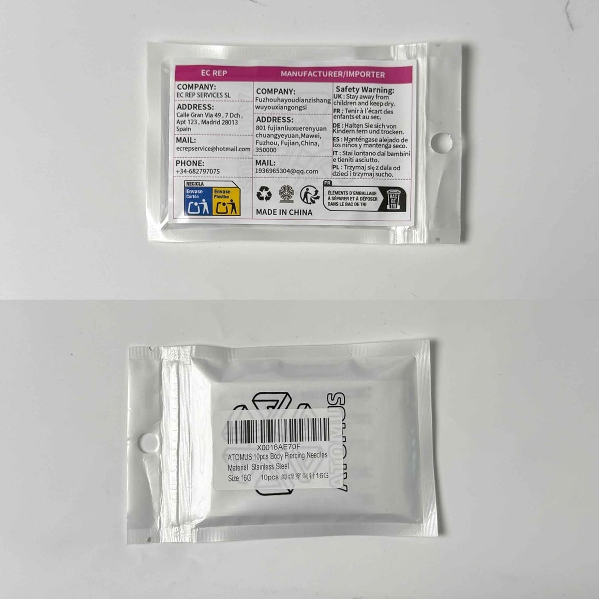 16G Stainless Steel Disposable Piercing Needles Set of 10