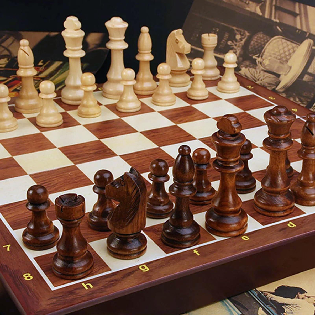 15-Inch Folding Walnut Chess Set with Storage and Travel Case