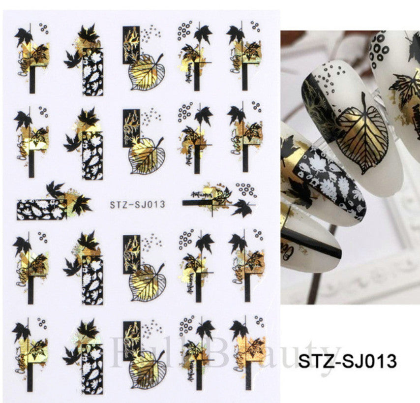 Water Decals Nail Art Stickers Gold Black Lady Leaf Butterfly 2 Sheets