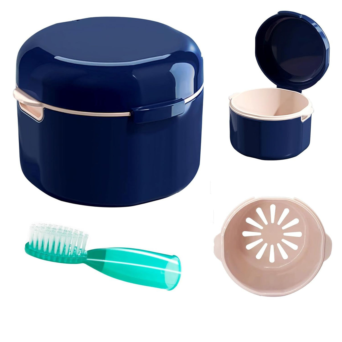 Denture Storage Case with Removable Rinse Basket Portable Denture Cup for Soaking & Cleaning