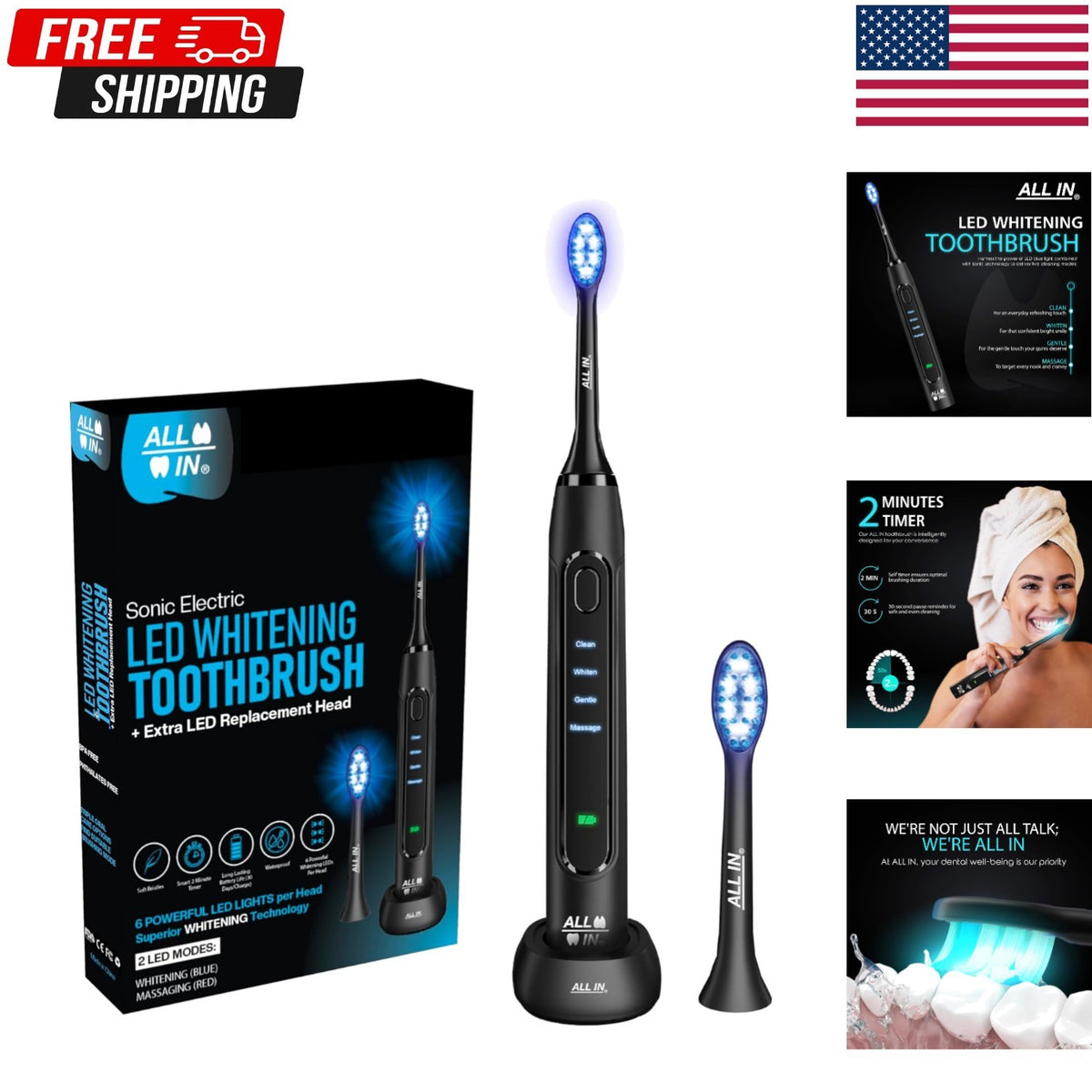 Rechargeable Sonic Electric Toothbrush with LED Light Therapy for Whitening & Gum Care