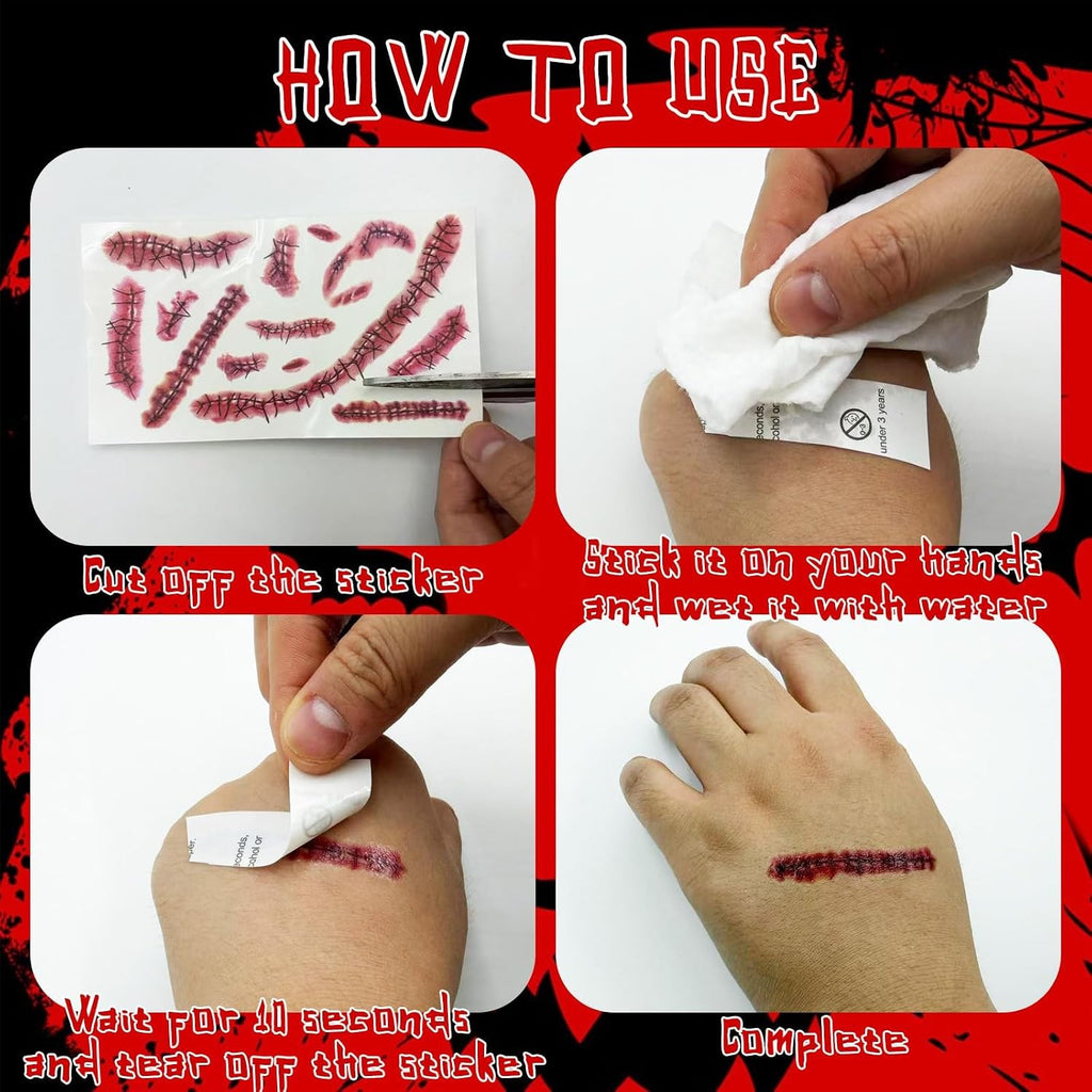 Fake Scar Temporary Tattoos 25 Sheets - Bloody Wound & Stitch Designs