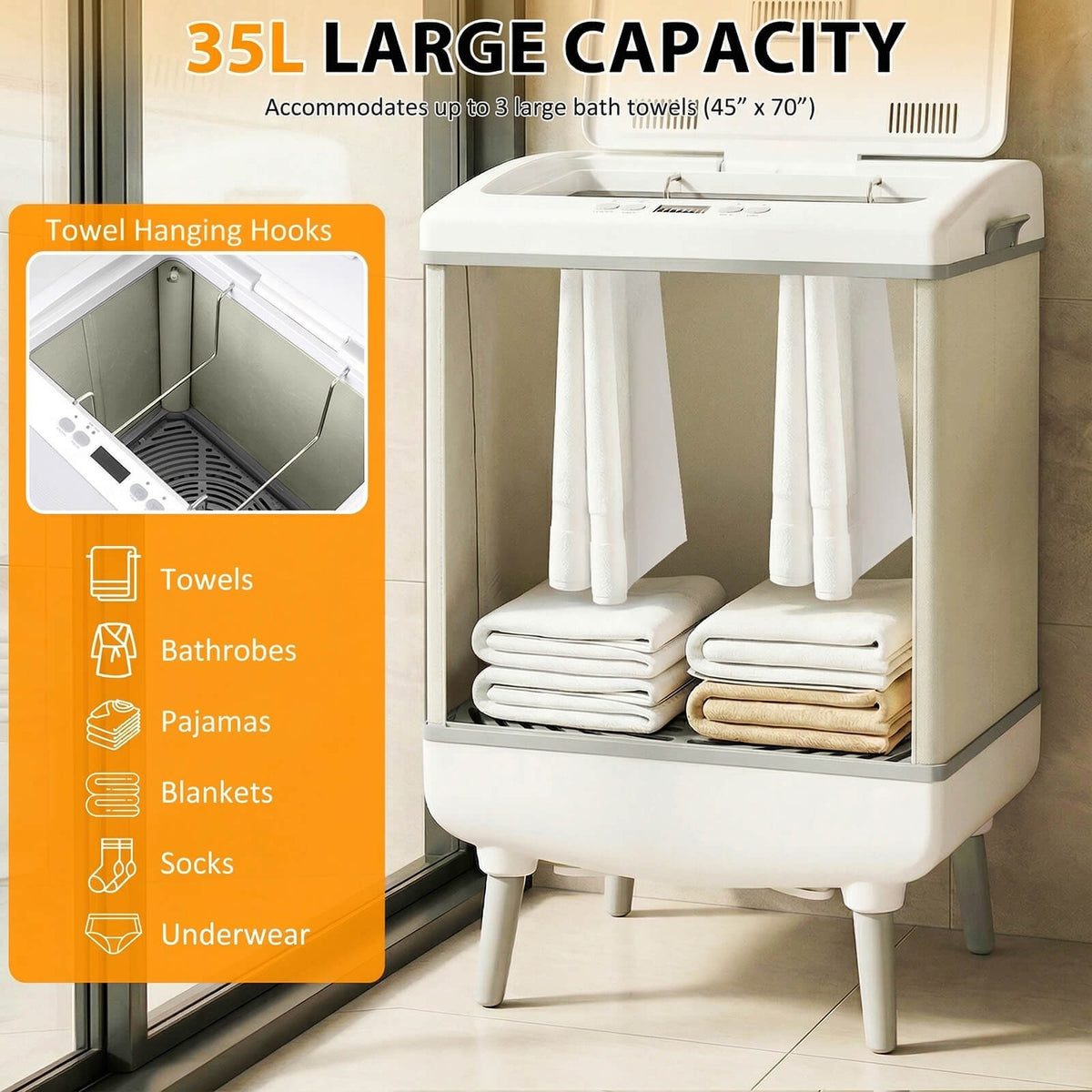 Large 35L Towel Warmer with Heating, Drying, Timer & Child Lock