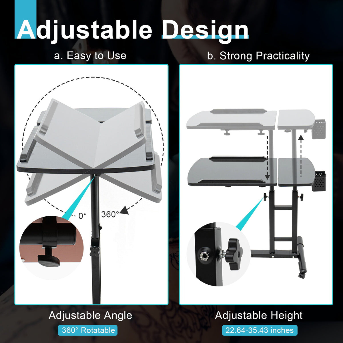 Adjustable Tattoo Workbench Tray Desk with Wheel Base - Mobile Studio Stand