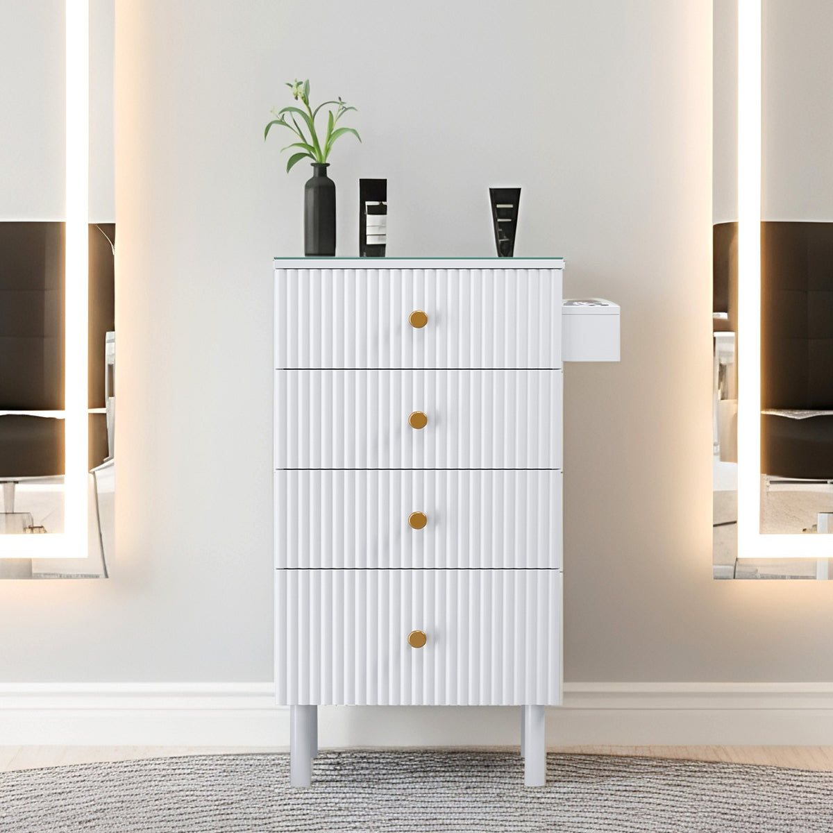 Professional Salon Styling Station with Heat-Resistant Glass Top & Storage