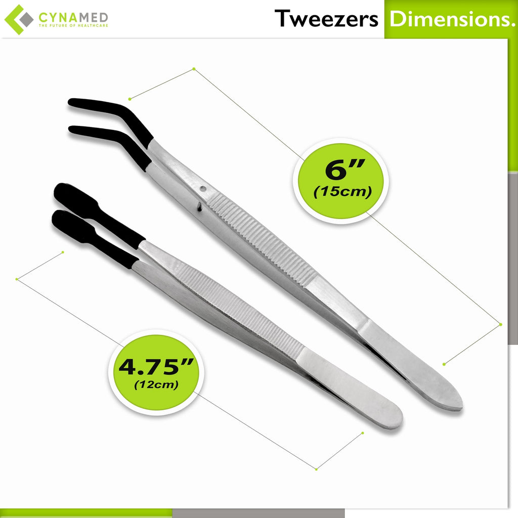 Stainless Steel Lab Tweezers with Rubber Tips - 4 Pack, Offset & Straight