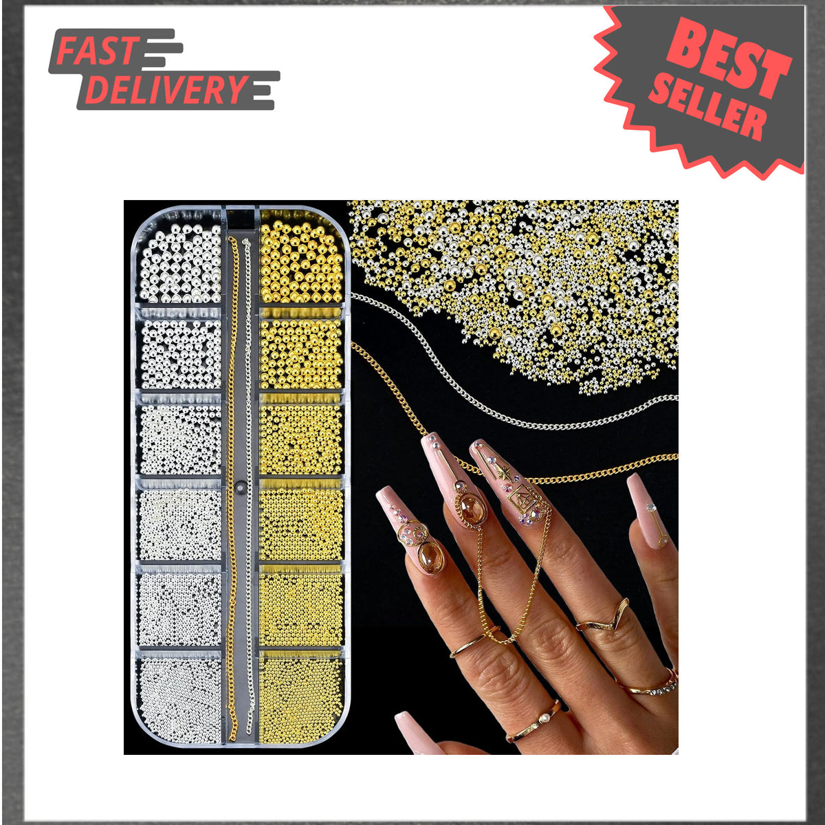 Silver and Gold Nail Art Beads Caviar Chain Set for Manicure Decor