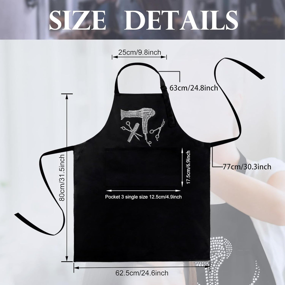 Hair Stylist Apron with Rhinestone Design, 3 Pockets & Adjustable Fit