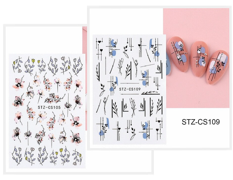 Geometric Flower Nail Sticker Set - Blossom Branches Leaf Decals for Nails