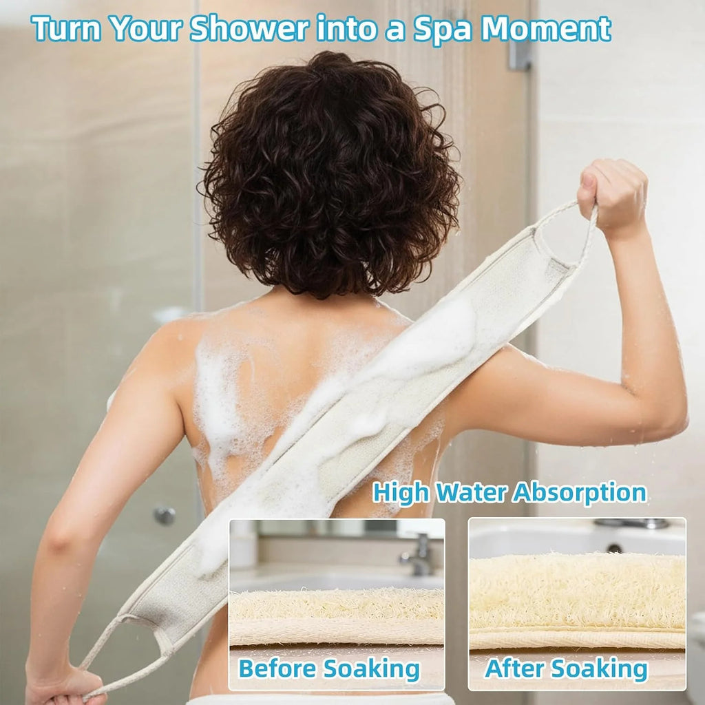 Long Natural Loofah Back Scrubber with Cotton Handles - Exfoliating Shower Body Wash