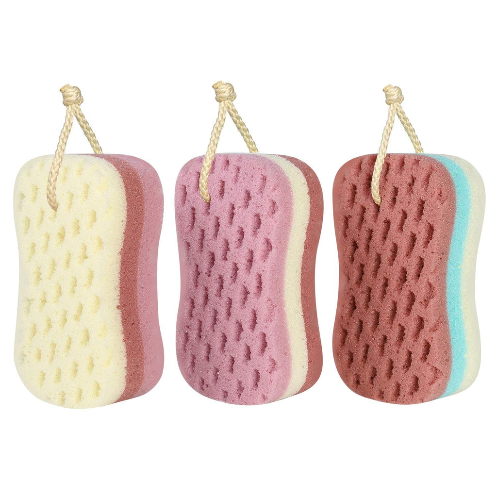 Exfoliating Bath Sponge Loofah Set - 3 Large Poufs with Hanging Rope
