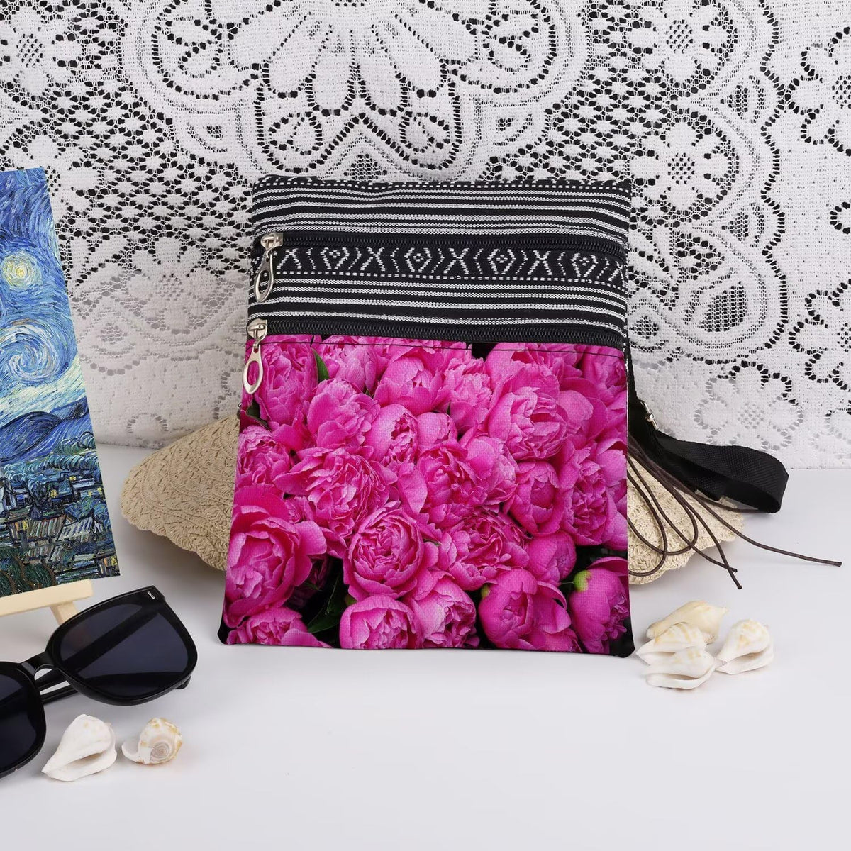 Pink Floral Crossbody Bag with Adjustable Shoulder Strap for Women & Teens