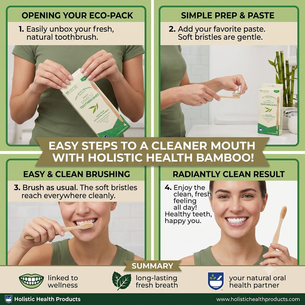Eco-Friendly Bamboo Toothbrush 6 Pack Soft Bristles Natural Wooden Handles