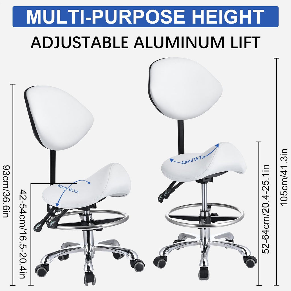 Adjustable PU Leather Bar Stool with Wheels & Backrest - White