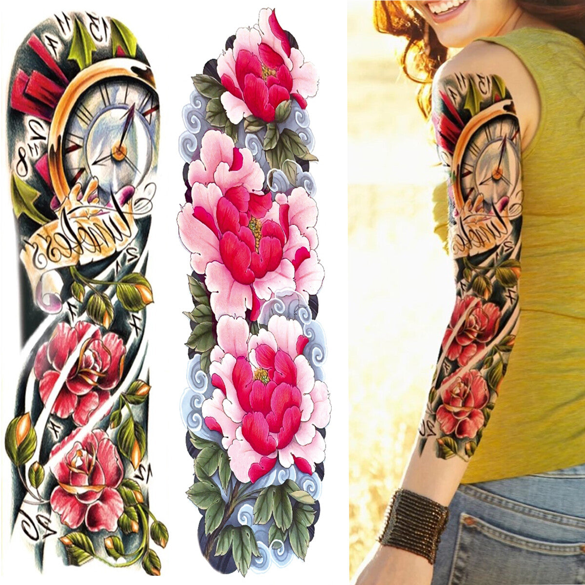 Full Arm Temporary Tattoos Set - Peony Flower Sleeve Stickers, 18 Inches