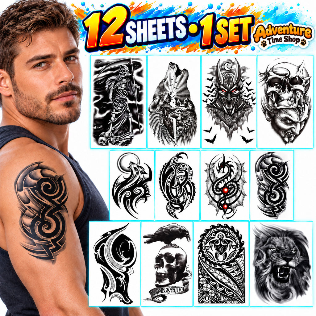 12 Sheets Temporary Tattoos Gothic Skull Wolf Demon Arm Body Art Set