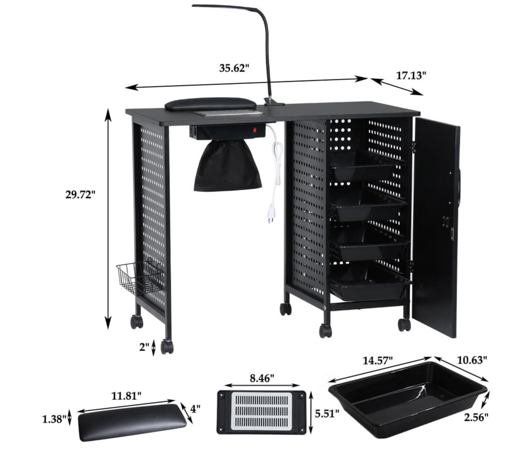 Manicure Table Nail Desk with Dust Collector & Charging Station - Salon & Home Use