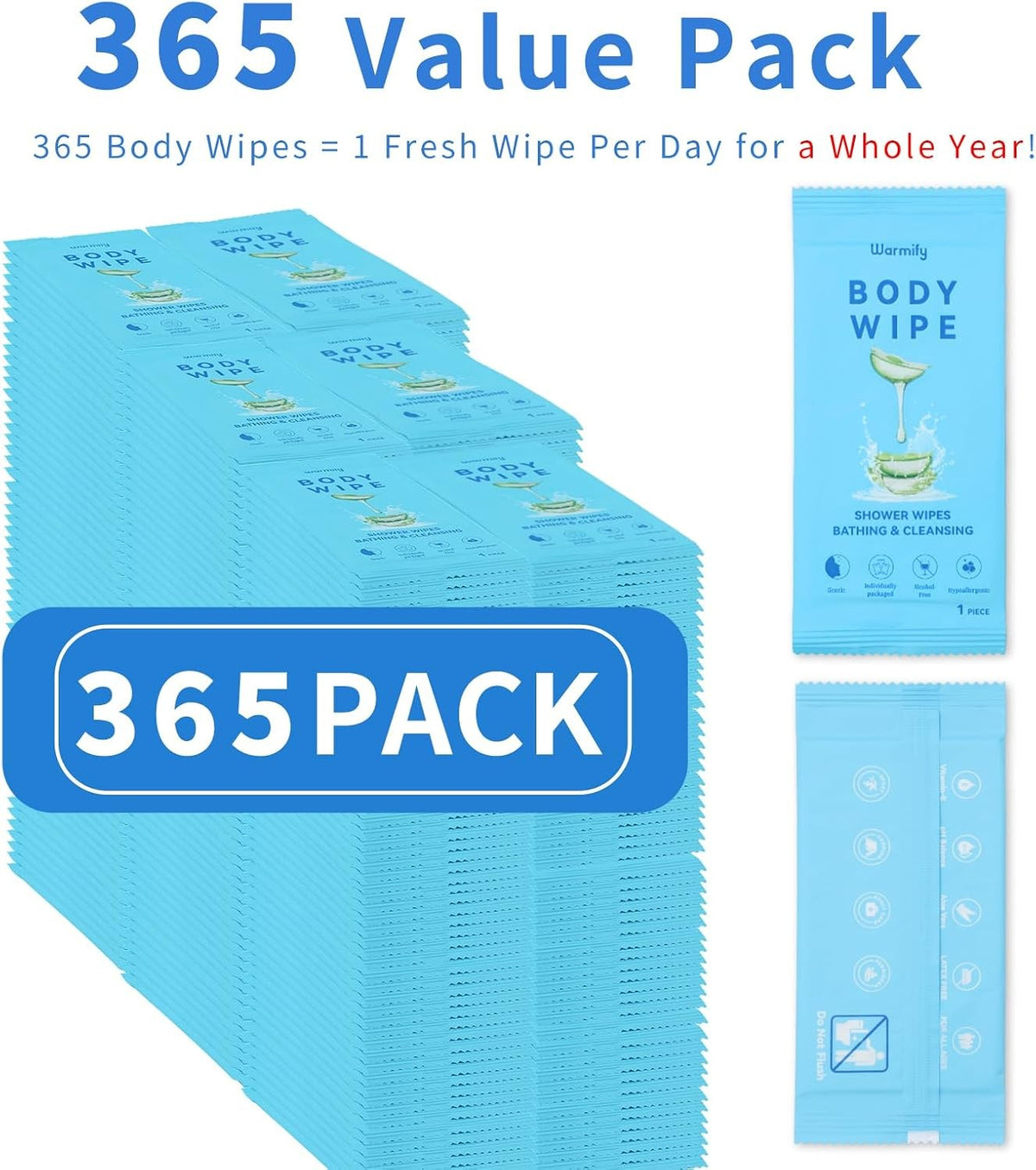Bulk Individually Wrapped Body Wipes - 365 Count, 9.29 x 8 Inches, Travel & Hygiene