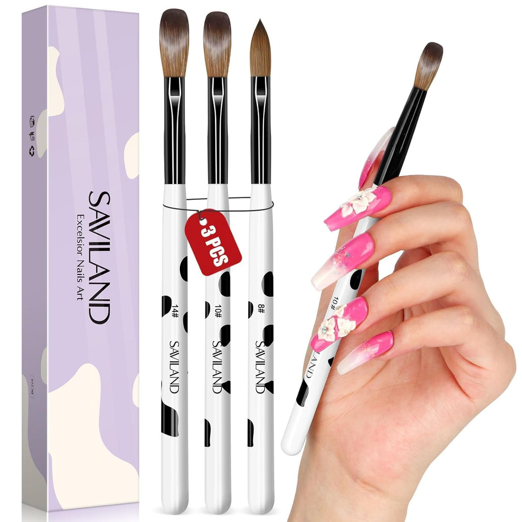 Professional Acrylic Nail Brush Set - Kolinsky Hair, 3 Sizes 8/10/14 for Nail Art & Extensions