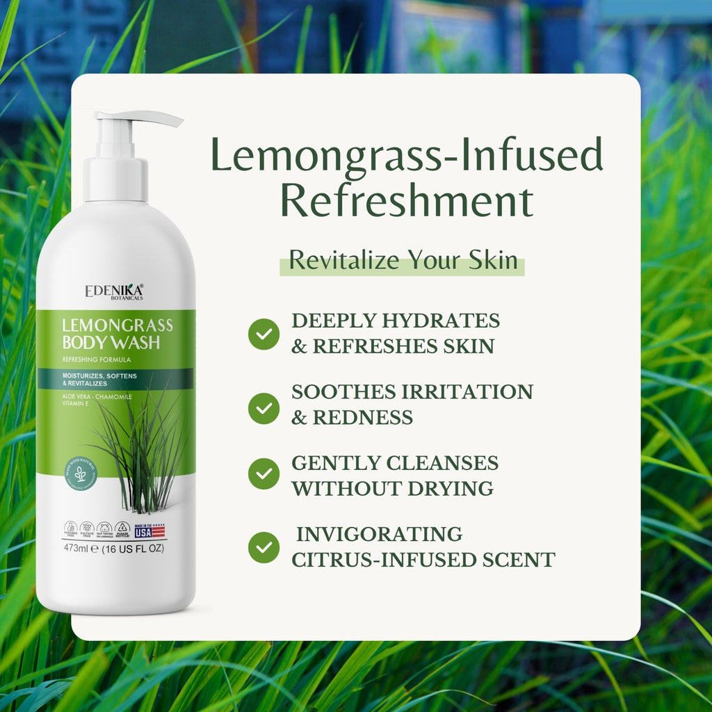 Edenika Lemongrass Body Wash with Vitamin E, Moisturizing Shower Gel 16 oz