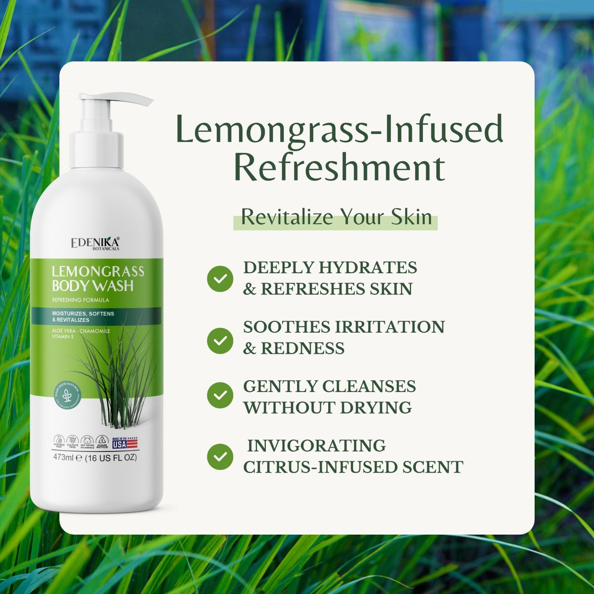 Edenika Lemongrass Body Wash with Vitamin E, Moisturizing Shower Gel 16 oz