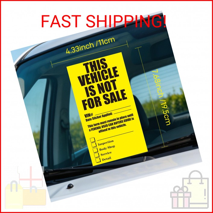 Large Vehicle Not for Sale Window Stickers - 4.1 x 7.5 Inch Removable Decals, Bright Yellow with Black Text - 100 Pack