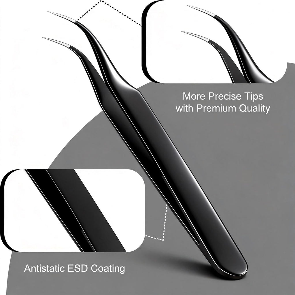 Precision Tweezers Set 4 Pack - Fine Point Curved Flat Angled for Crafts & Electronics