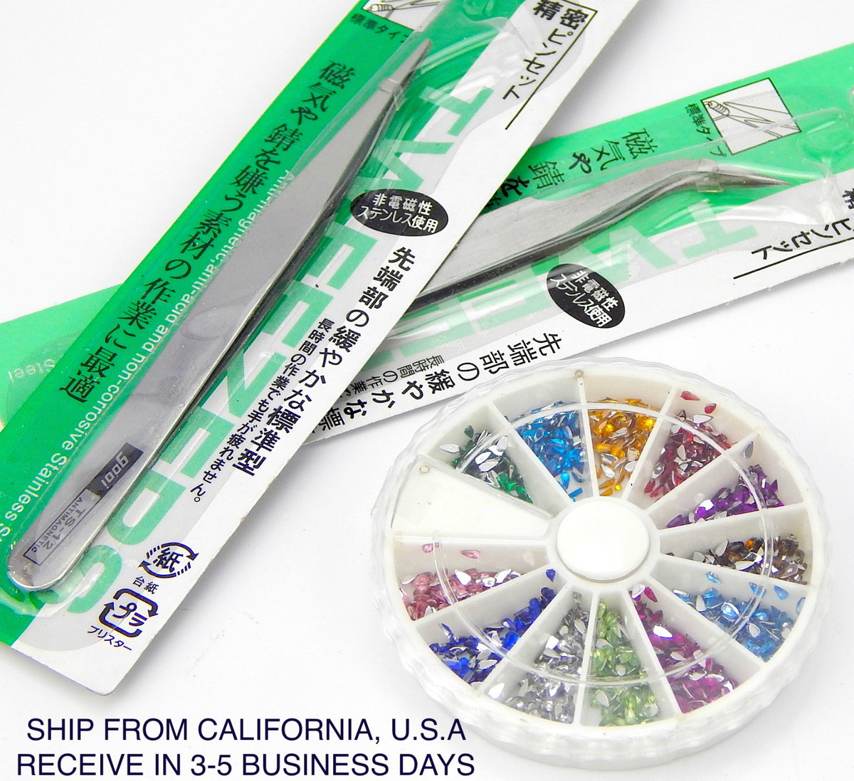 Nail Art Tips with Rhinestones & Tear Drop Design - 2 Pcs Tweezer Set