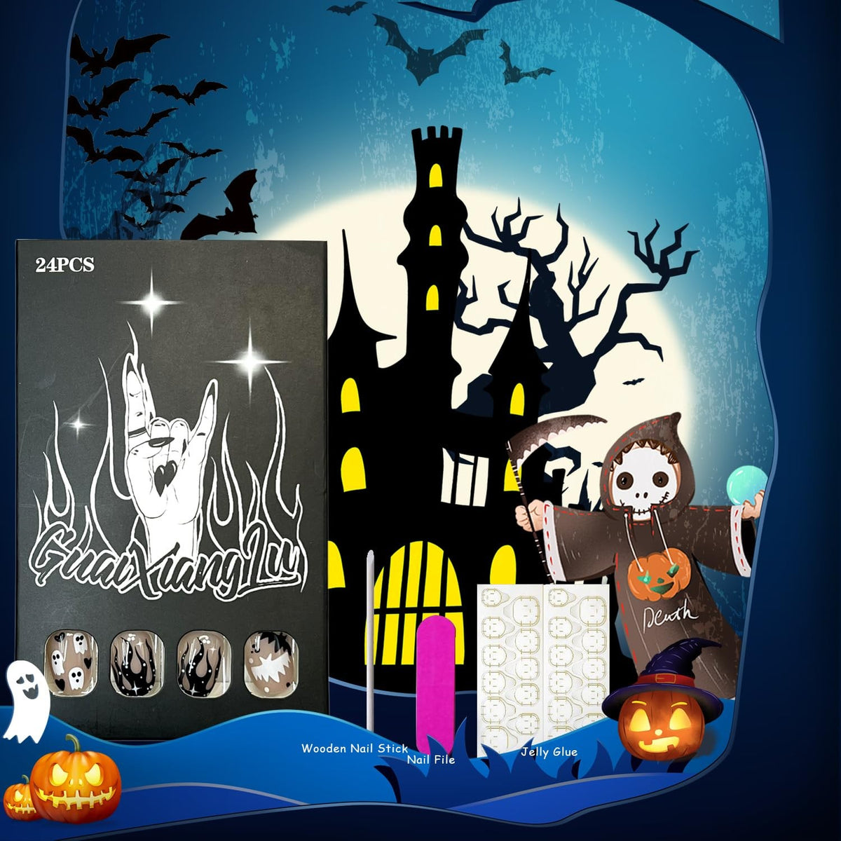 Halloween Short Oval Press On Nails with Ghost and Cat Designs - Reusable Fake Nails