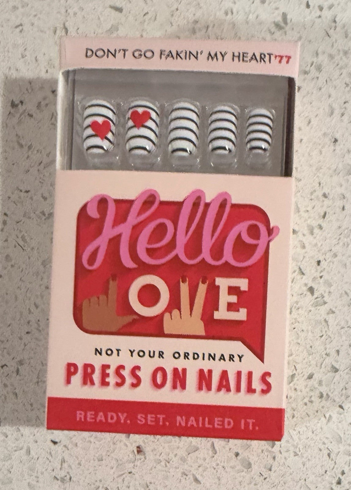 Hello Love Press On Short Square Shiny Fake Nail Set - Don’t Go Fakin’ My Heart ❤️