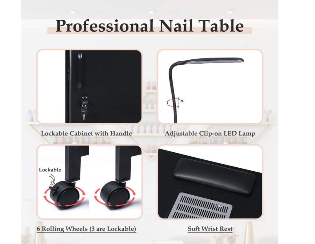 Manicure Table Nail Desk with Dust Collector & Charging Station - Salon & Home Use