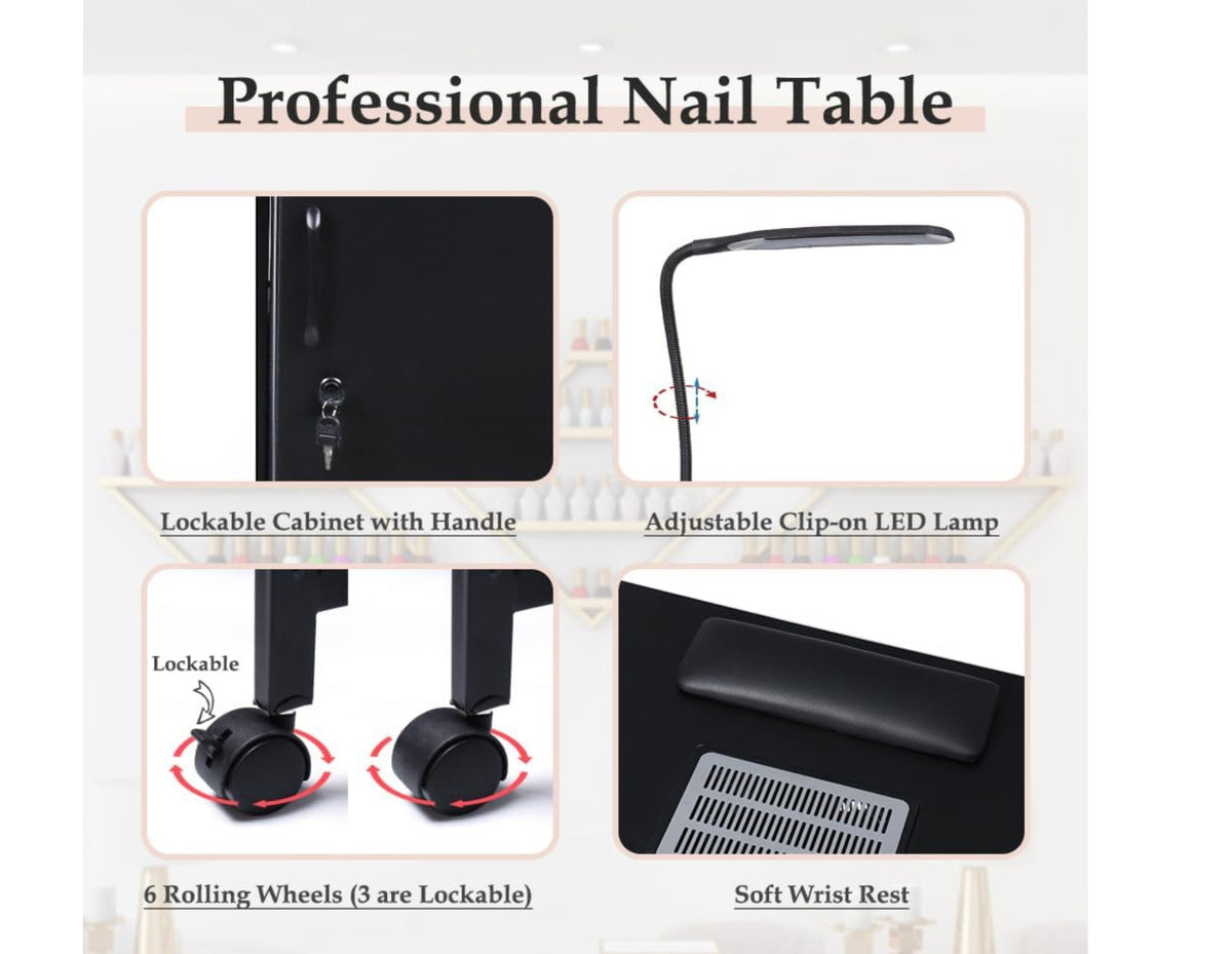 Manicure Table Nail Desk with Dust Collector & Charging Station - Salon & Home Use