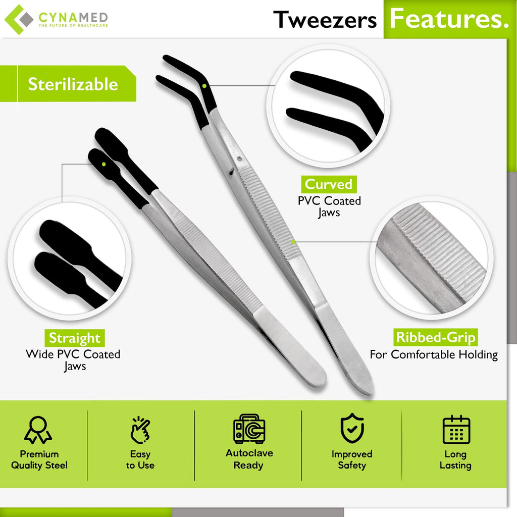 Stainless Steel Lab Tweezers with Rubber Tips - 4 Pack, Offset & Straight